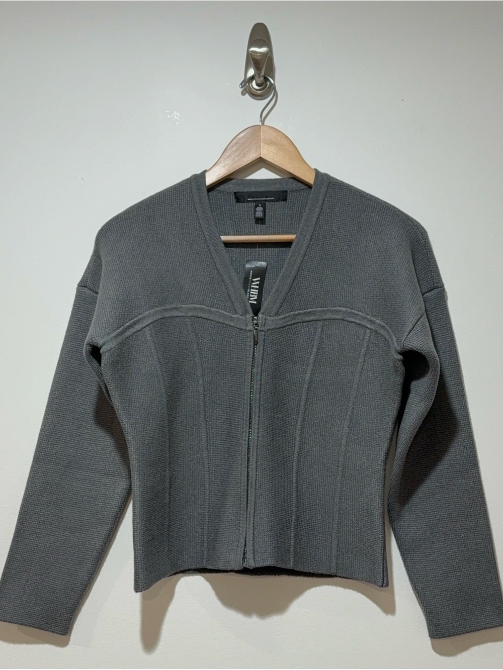 WHBM Corset Detail Zip Up Sweater Jacket Gray Knit Fitted Bodice Womens PS